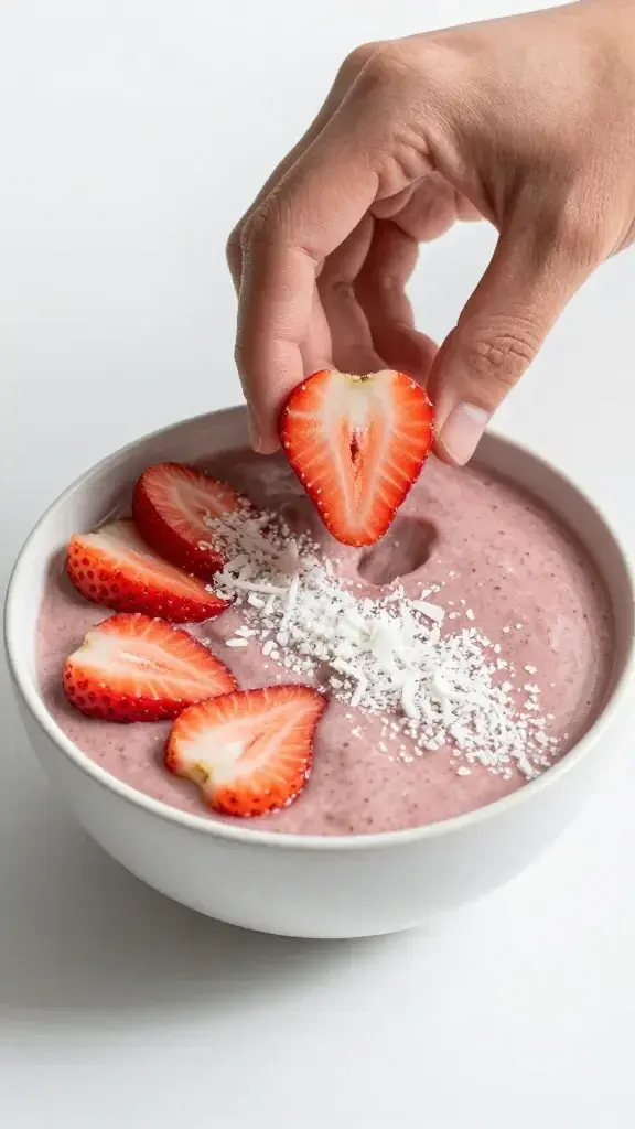 Serving moment / alternate presentation: Hand placing a final strawberry half and a sprinkle of coconut flakes on the smoothie bowl, ready to serve, bright daylight, clean plate styling.