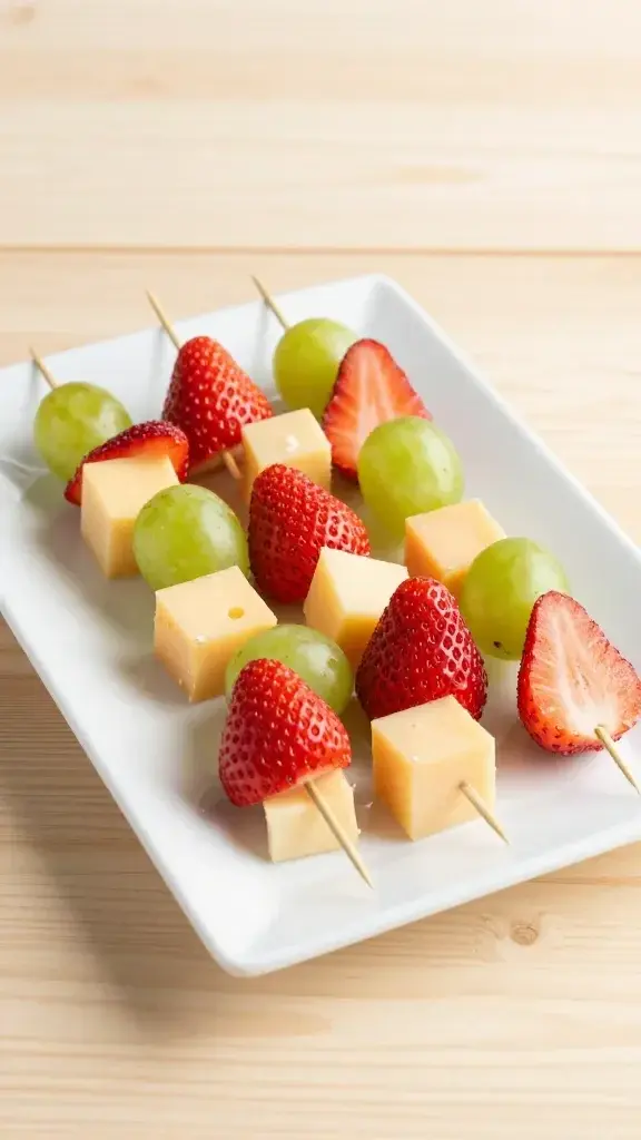Final plated dish: Beautifully arranged cheese and fruit skewers on a white rectangular plate, vibrant colors from strawberries, grapes, and cheese cubes, light wood backdrop, clean modern styling, natural daylight.