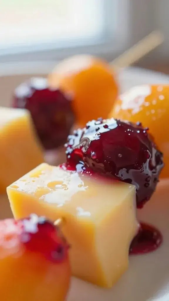 Close-up texture/detail shot: Macro of a cheese and fruit skewer showing melted cheese edges, juicy berry glaze, and glossy fruit surfaces, shallow depth of field, soft window light.