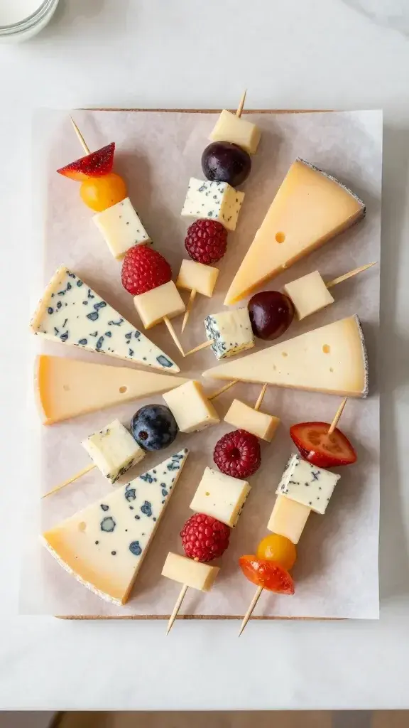 Overhead/top-down food shot: Flat lay of a platter of assorted cheese and fruit skewers scattered on a parchment-lined board, bright, airy kitchen setting, subtle shadows.