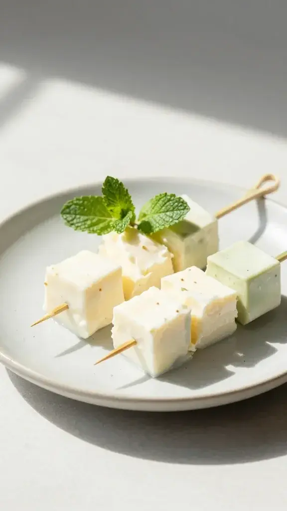 Serving moment: Skewers being picked up with a bite taken, creamy cheese visible, fresh mint garnish, pale ceramic plate, clean table, daylight streaming in.
