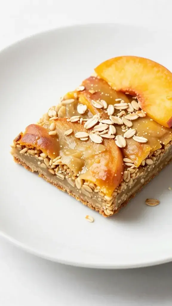 Beautifully baked peach oat bars plated on a clean white plate with a light dusting of oats and a peach slice garnish, bright natural light showcasing golden edges.