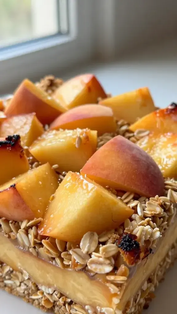 Close-up detail of a freshly cut bar showing juicy peach chunks, oat crumble, and slightly caramelized edges, shallow depth of field and soft window light.
