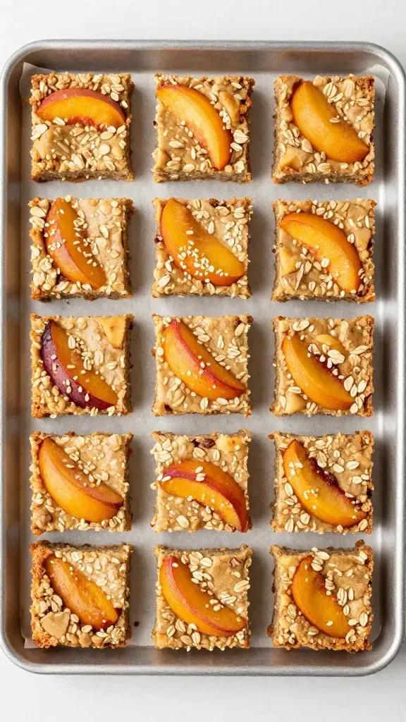 Overhead top-down shot of a baking sheet with peach oat bars cooling on parchment, arranged neatly with hints of peach color and oat texture.