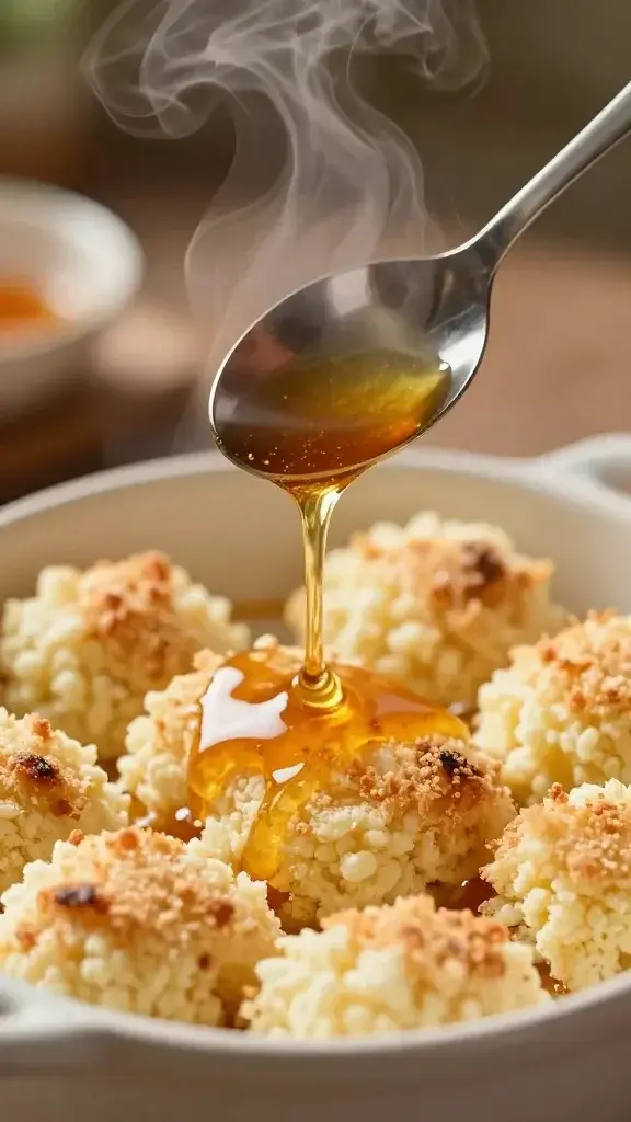 Cooking process shot of bars being spooned into a serving dish, drizzle of warm honey over top, visible steam and fluffy crumb catching the light.