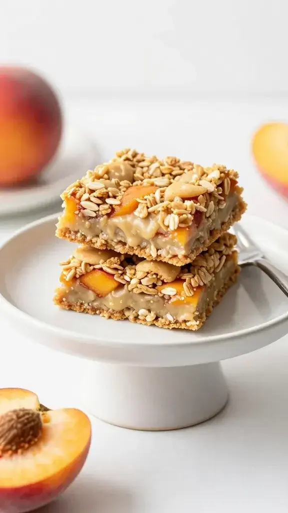 Serving moment: a small stack of peach oat bars on a ceramic pedestal plate with a fork and a peach half, creamy crumb visible, bright, modern food styling.