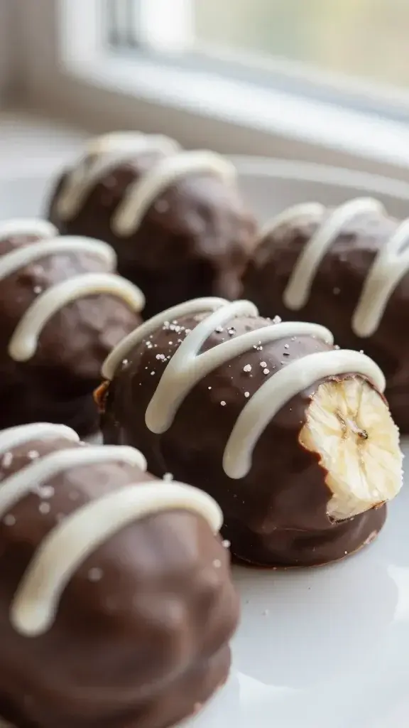 Close-up detail: glossy chocolate coating hugging frozen banana bite halves with a creamy white drizzle, tiny sea salt flecks, shallow depth of field, soft window light on a white plate