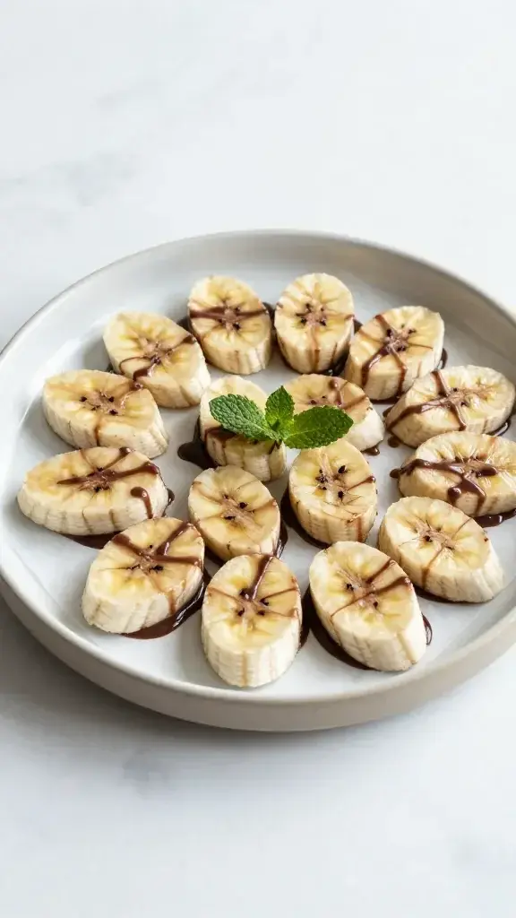 Final plated dish: neatly arranged banana bites on a parchment-lined ceramic platter, chocolate sheen visible, small mint sprigs as garnish, bright natural light, clean minimal background