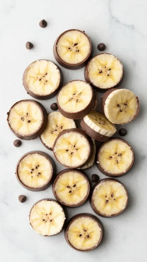 Overhead/top-down shot: assortment of frozen banana bites on a marble tabletop, cross-section showing creamy banana center and chocolate shell, scattered mini chocolate chips for texture
