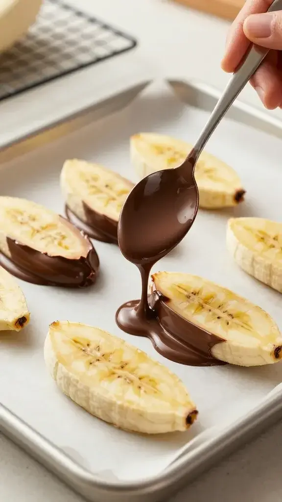 Cooking process shot: banana halves half-dipped in melted chocolate being spooned onto a parchment-lined tray, glossy surface, warm kitchen light, hint of cooling rack in background