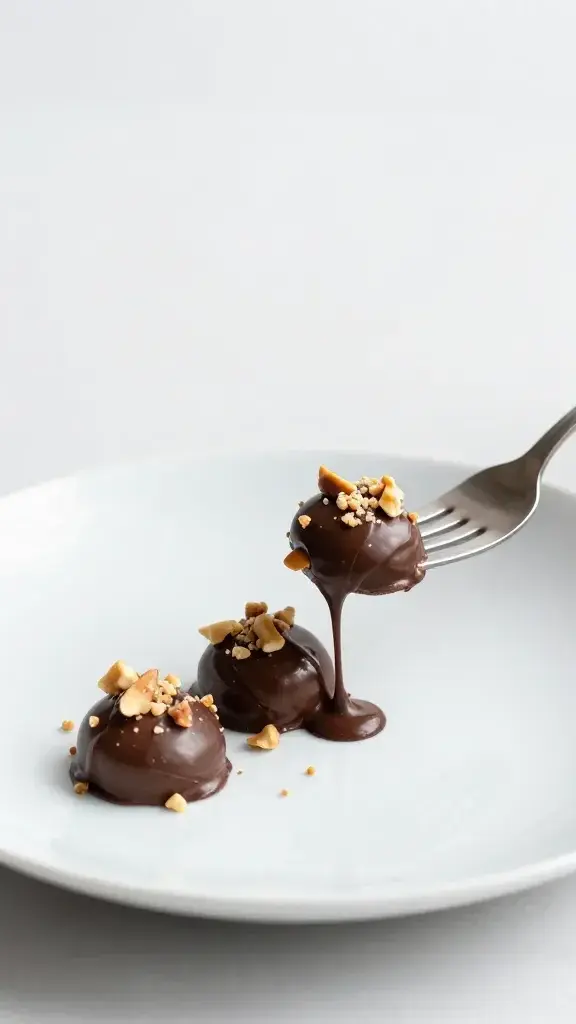 Serving moment: bite-sized treats plated with a drizzle of melted chocolate and crushed nuts, one bite lifted on a fork, soft daylight, white plate with ample negative space