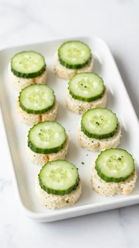 A final plated dish of cucumber sandwich bites arranged on a white porcelain tray with crisp cucumber rounds peeking out, light herb garnish, clean marble background, bright natural light