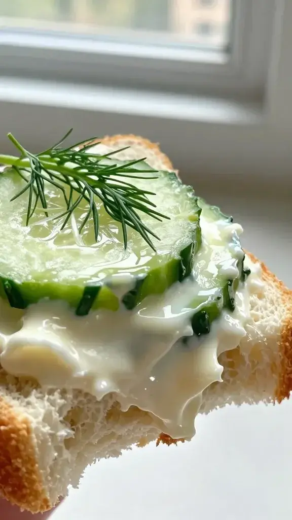Close-up detail of a cucumber sandwich bite showing creamy filling, delicate dill, and glossy mayo sheen, shallow depth of field, soft window light, crisp texture