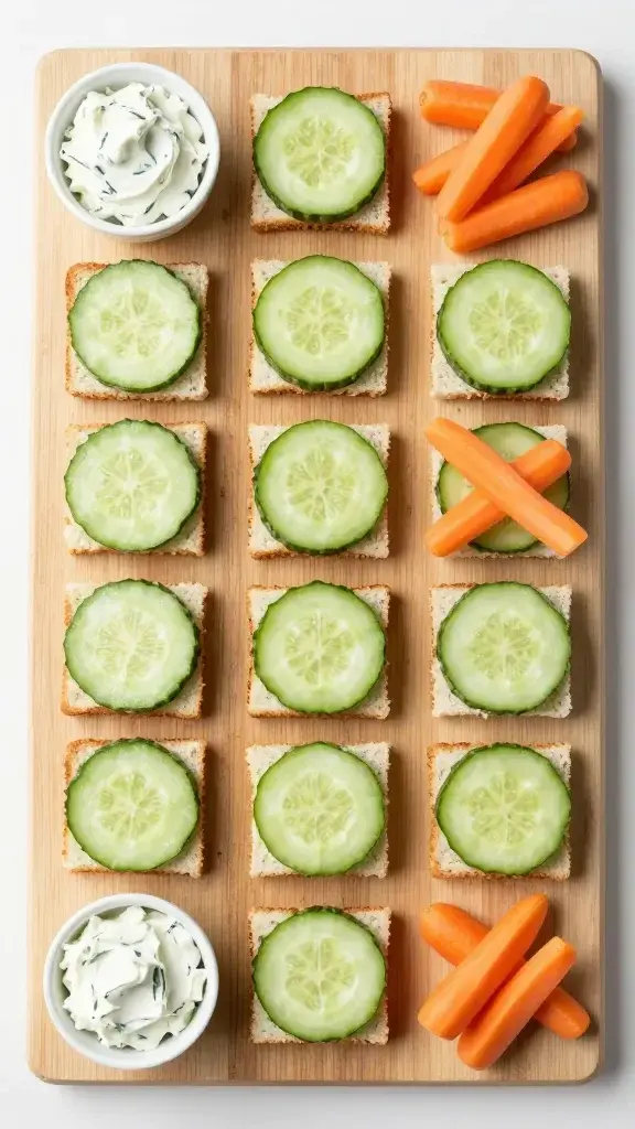 Overhead/top-down shot of an assortment of cucumber sandwich bites on a light wood board, evenly spaced, with small bowls of herbed cream cheese and tiny carrot sticks for color