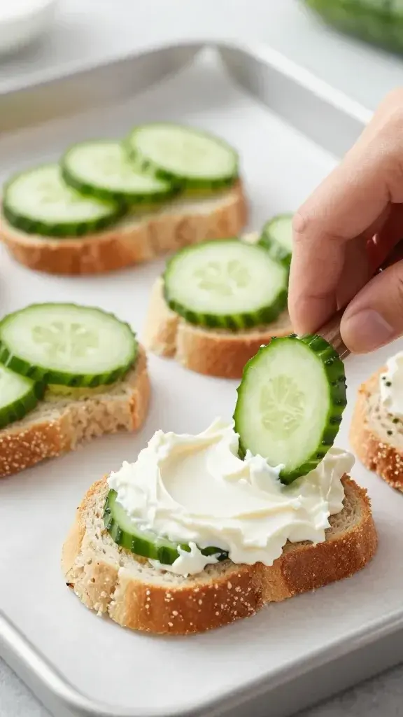 Cooking process shot of assembling the bites: slicing cucumber rounds, spreading cream cheese, layering bread, a pinch of salt visible, in a bright kitchen with parchment underneath