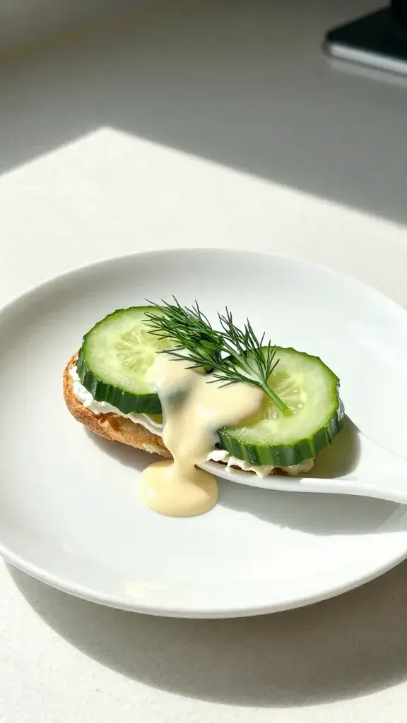 Serving moment of two cucumber sandwich bites on a ceramic spoon resting over a white plate, drizzle of light mayo, fresh dill sprig, sunlit kitchen counter feel
