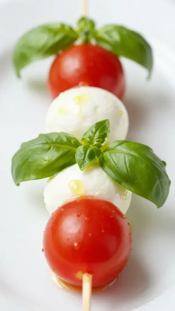 Close-up detail of a glossy mini Caprese skewer against a clean white plate, focusing on the bright red cherry tomato, fresh green basil, and creamy mozzarella bead with a light olive oil sheen, shallow depth of field.