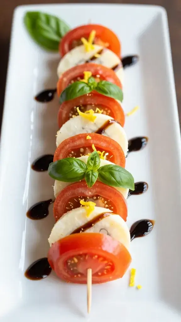 Final plated dish: a neatly arranged row of Mini Caprese Skewers on a white rectangular plate, vibrant colors, a drizzle of balsamic glaze, lemon zest微, and a small basil leaf garnish.