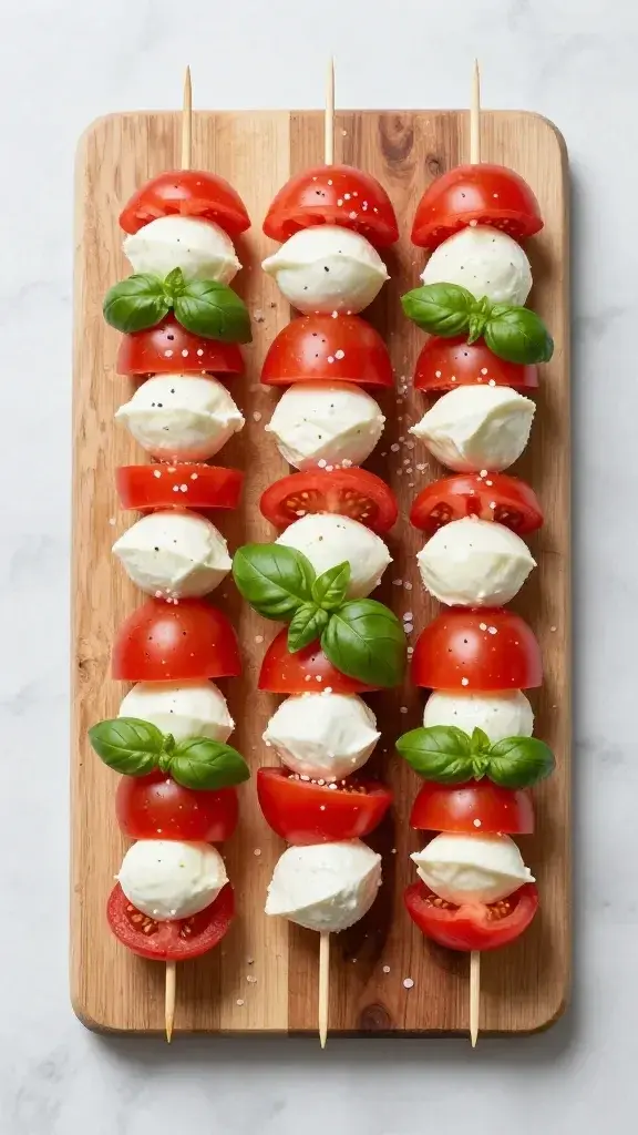 Overhead/top-down shot: a marble surface with a serving board of assembled skewers, highlighting alternating tomatoes, mozzarella, and basil, salt flakes scattered and natural daylight.