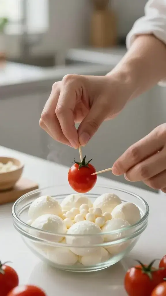 Cooking process shot: hands gently skewering a ripe cherry tomato onto a toothpick while a bowl of fresh mozzarella pearls sits nearby, soft kitchen light and slight steam from a room-temperature prep area.