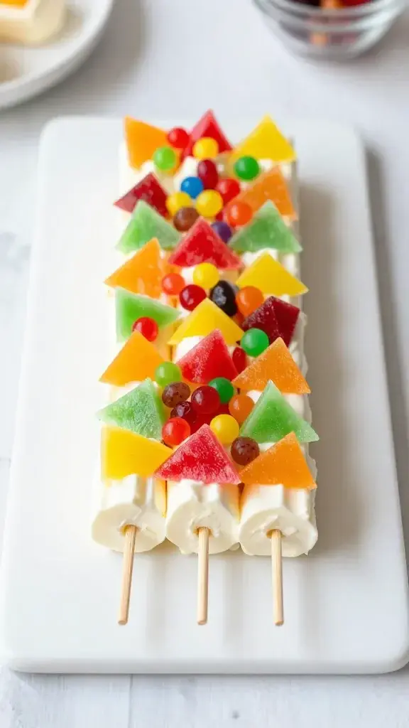Beautifully plated Frozen Yogurt Bark for Kids on a white ceramic board, vibrant multi-color yogurt shards and candy toppings arranged in a neat rectangle, bright natural light, clean kitchen background
