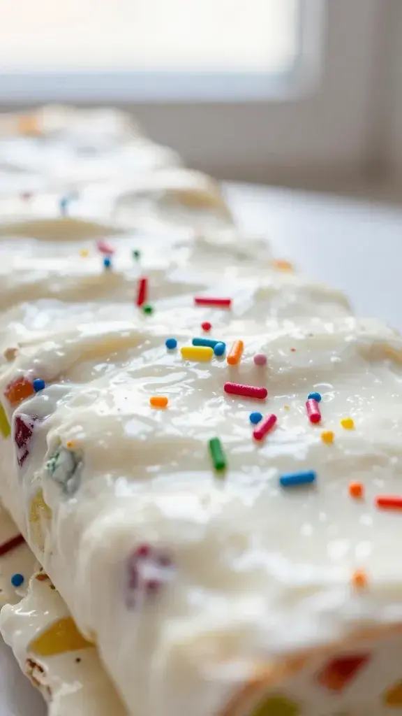 Close-up detail of the yogurt bark showing glossy, frozen surface with rainbow sprinkles and fruit bits, shallow depth of field, crisp textures, soft window light