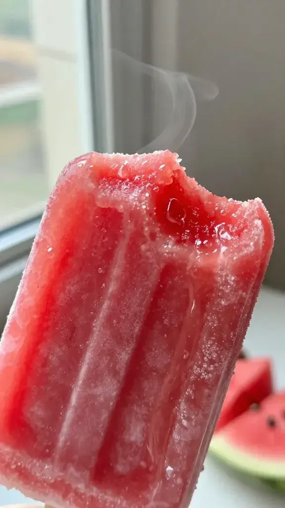 Close-up detail of a bitten popsicle revealing juicy watermelon flesh and a frosty, glossy exterior, shallow depth of field, subtle steam-like condensation, soft window light