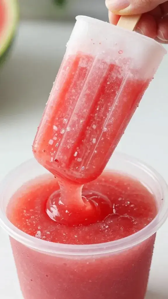 Cooking process shot showing a popsicle mold being filled with bright red watermelon puree and small ice crystal specks, hands just visible guiding the pour, natural light