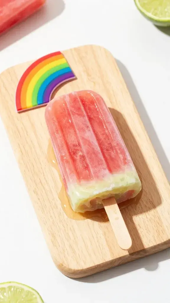 Serving moment featuring a finished watermelon popsicle on a pale wooden board with a drizzle of lime glaze and a rainbow sprig garnish, cheerful summer table setting, crisp shadows