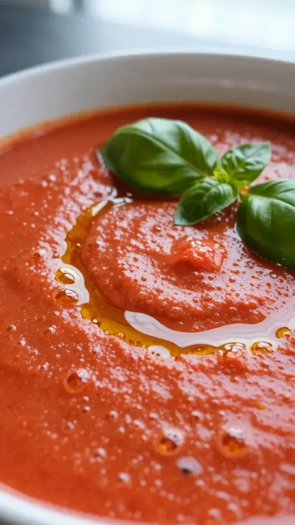 Close-up detail of the soup’s creamy texture with tiny bubbles and a drizzle of olive oil, basil leaves on top, shallow depth of field, soft window light