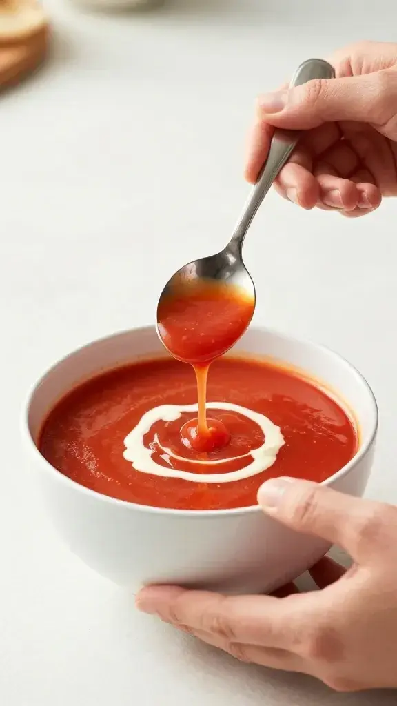 Serving moment: hands gently ladling soup into a white ceramic bowl, teaspoon drizzle of cream forming a delicate swirl, bright daylight, uncluttered counter backdrop