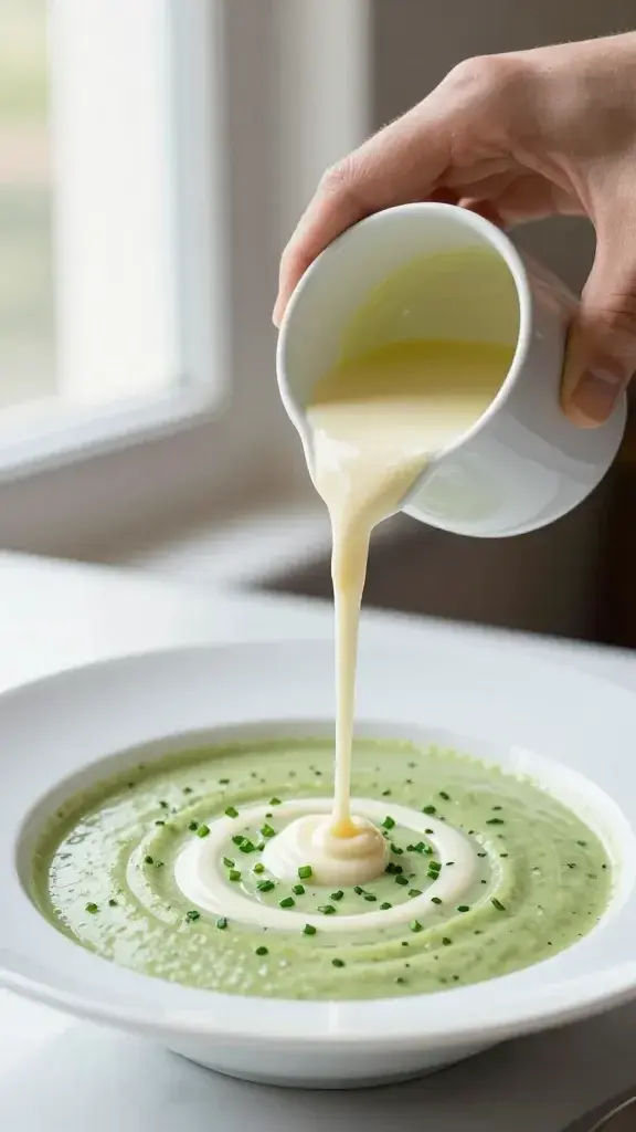 Serving moment: server’s hand pouring a light cream ribbon over the soup, garnished with chives, clean plate, bright window light, appetizing finish