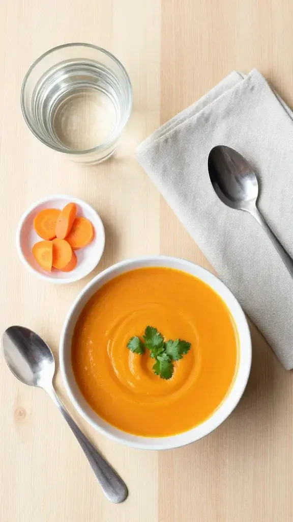 Overhead/top-down shot of a breakfast-style setup: the soup bowl surrounded by small tasting spoons, a glass of water, and a linen napkin on a light wood surface