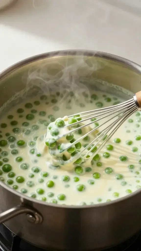 Cooking process shot showing the soup being gently whisked in a pot, creamy consistency forming, steam rising, sunny kitchen light, simple neutral background