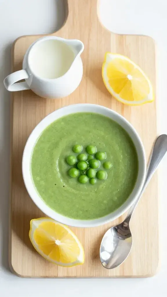 Overhead shot of a full mise en place: bowl of soup, a small jug of cream, a wedge of lemon, and a spoon on a light wood board, bright natural light, minimalistic styling
