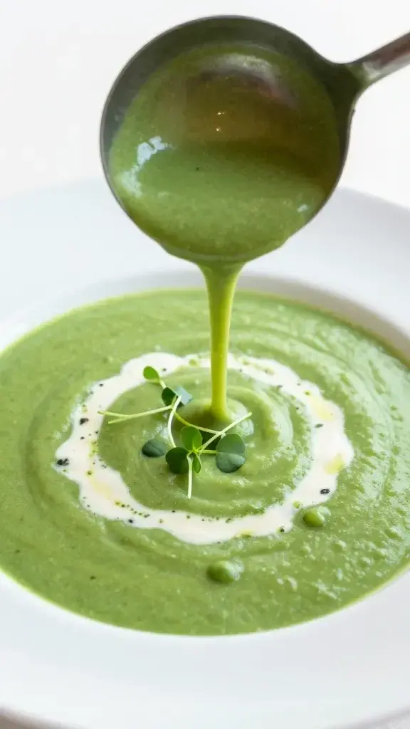 Serving moment with a ladle pouring the vibrant soup into a shallow bowl, a drizzle of cream and microgreens on top, clean white plate, soft daylight, inviting texture