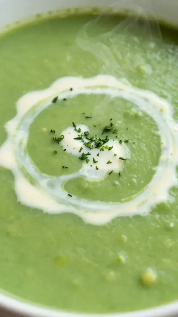 Close-up detail of the silky pea soup with a swirl of cream and a sprinkle of chopped herbs, shallow depth of field, glossy surface, subtle steam, warm daylight