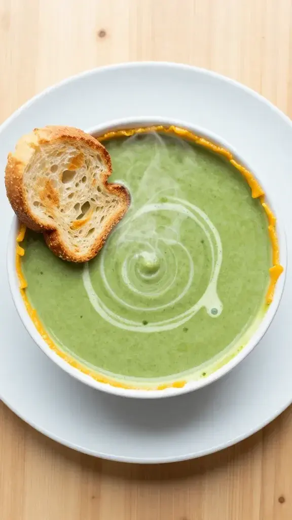 Overhead top-down shot of the soup served in a shallow bowl with aCheddar cheese crust edge, crisp toast side, subtle steam, white plate on a light wood surface