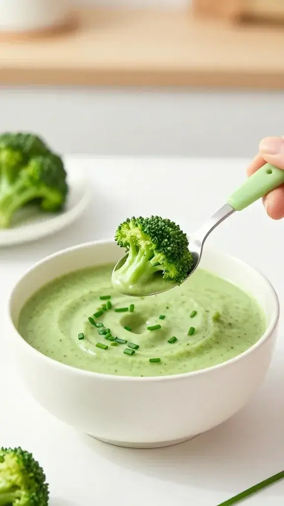 Serving moment showing a bowl of soup being enjoyed by a child-friendly setting, tiny spoon scooping a bite, fresh chives sprinkle, bright airy kitchen ambiance