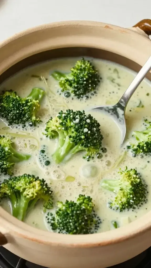 Cooking process shot of broccoli cheddar soup simmering in a clay pot, bubbling creamy sauce, spoon resting on edge, soft kitchen light, minimal props