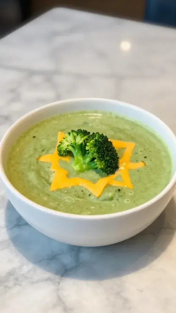 Beautifully plated Easy Summer Broccoli Cheddar Soup in a white ceramic bowl on a marble countertop, melted cheddar visible, fresh broccoli florets garnish, bright natural light, restaurant-quality presentation
