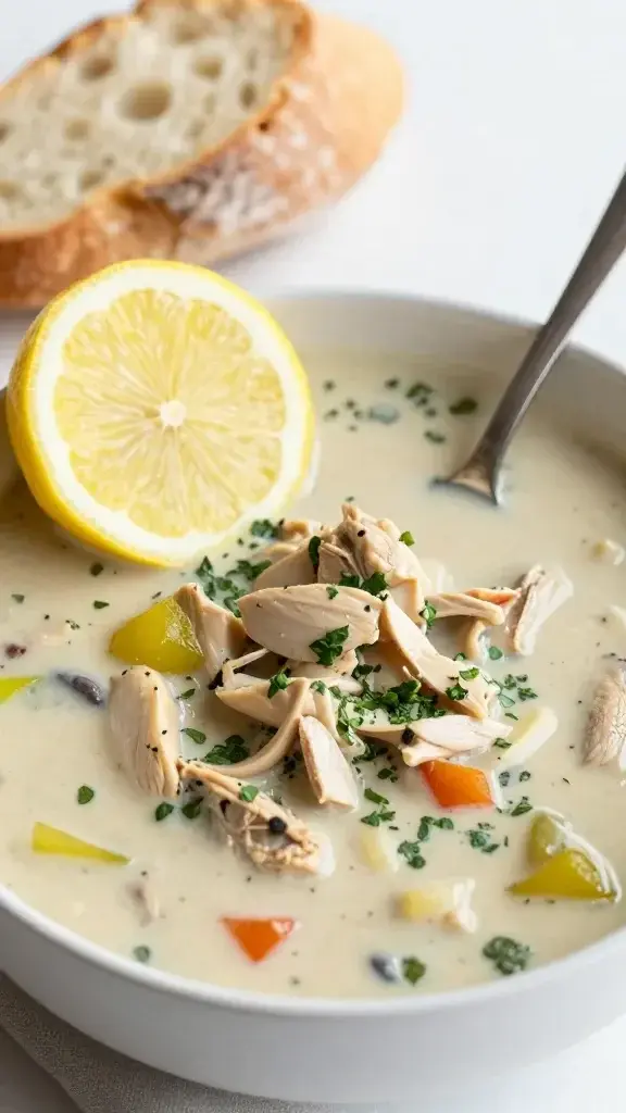 Serving moment: bowl of soup with a slice of lemon on the rim and a side of crusty bread, spoon poised for serving, creamy textures and fresh herbs in focus