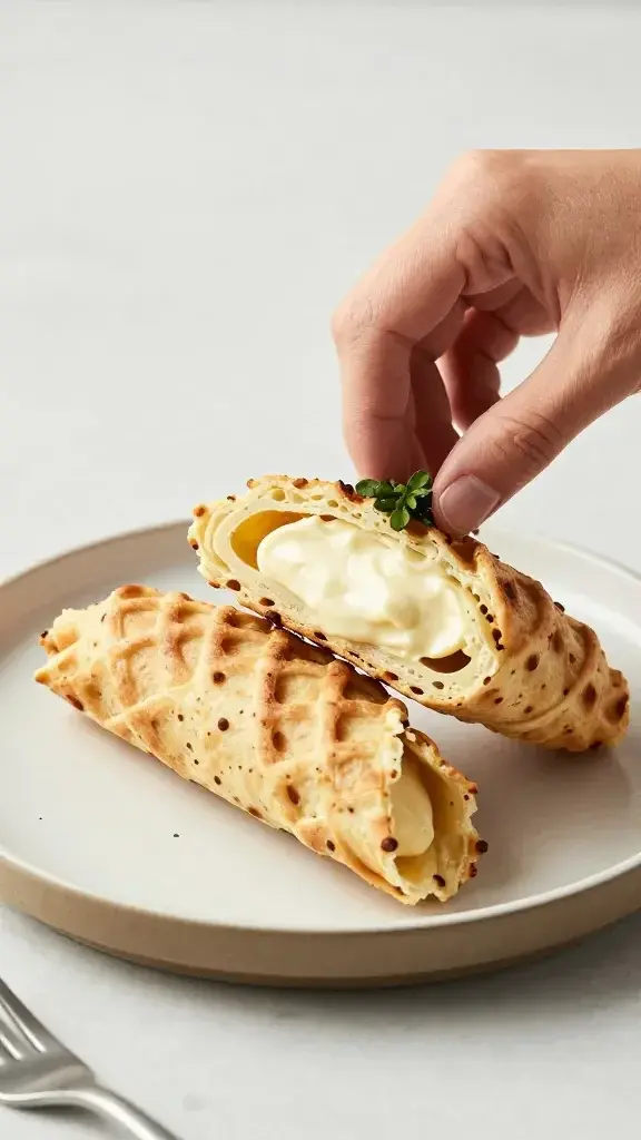 Serving moment featuring a half-assembled pinwheel on a ceramic plate with a creamy interior visible, hands gently placing garnish, clean background and soft daylight