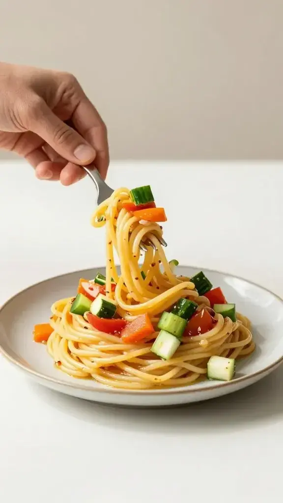 Serving moment: A hand reaching to scoop a portion onto a small plate with a fork resting on the side, showcasing vibrant layers and glossy dressing, soft daylight, minimalist background
