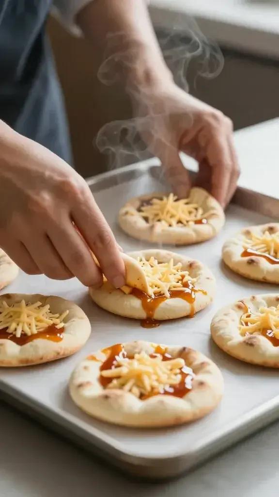 Cooking process shot: hands layering sauce and cheese onto halved pitas on a parchment-lined baking sheet, soft kitchen light and steam rising