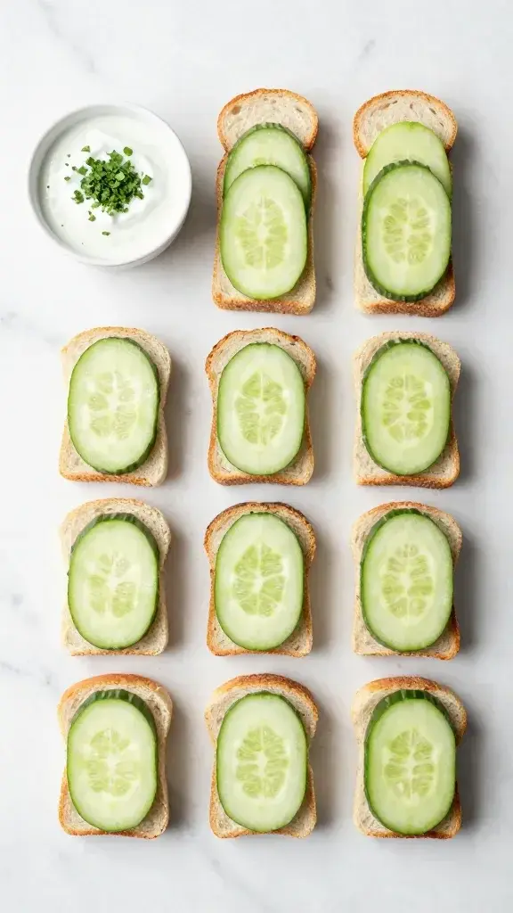 Overhead/top-down shot: Flat lay of a mini cucumber sandwich assortment on a marble surface, small bowls of ranch dip and chopped herbs, clean, modern styling