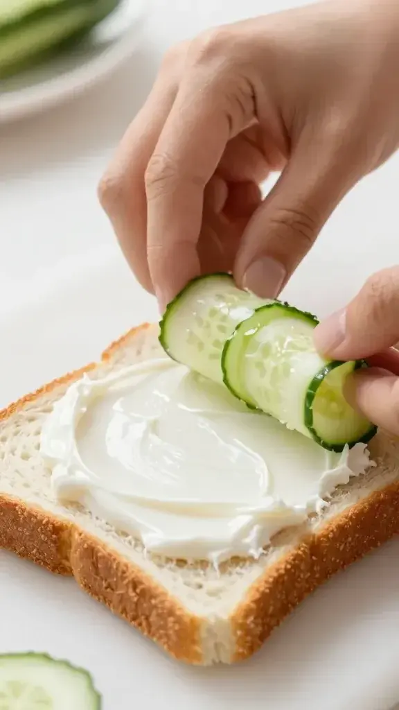 Cooking process shot: Assembly moment with hands layering cucumber ribbons onto bread, camera focusing on the glossy spread and crisp bread texture, bright kitchen light