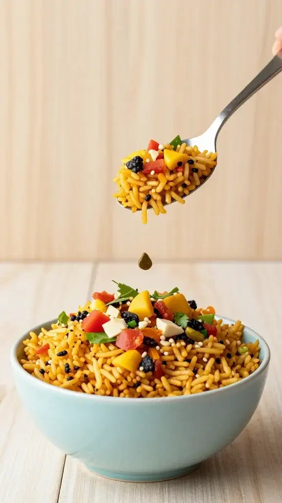 Serving moment: Kid-friendly serving variation with a spoon scooping into the bowl, colorful toppings cascading, light wood board backdrop, inviting and photogenic.