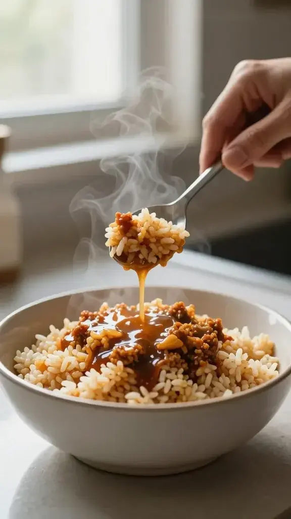 Cooking process: Hands spooning finish-over toppings onto a steaming taco rice bowl, steam rising, glossy sauce glistening, soft window light, uncluttered kitchen background.