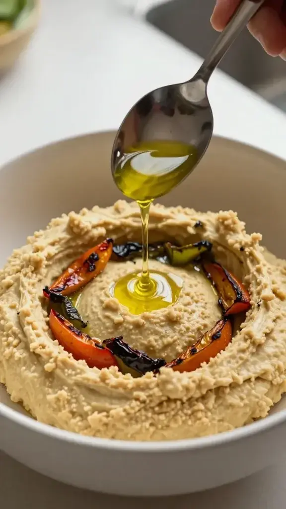 Cooking process shot: a spoon drizzling olive oil over a freshly prepared hummus-veggie wrap filling, visible texture of hummus and roasted veggies, natural kitchen light.